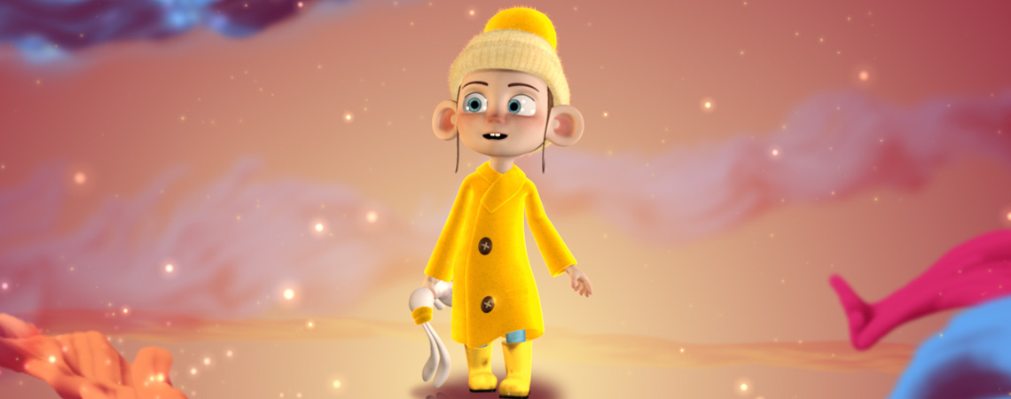 An animation by students showing a girl in a yellow coat and hat